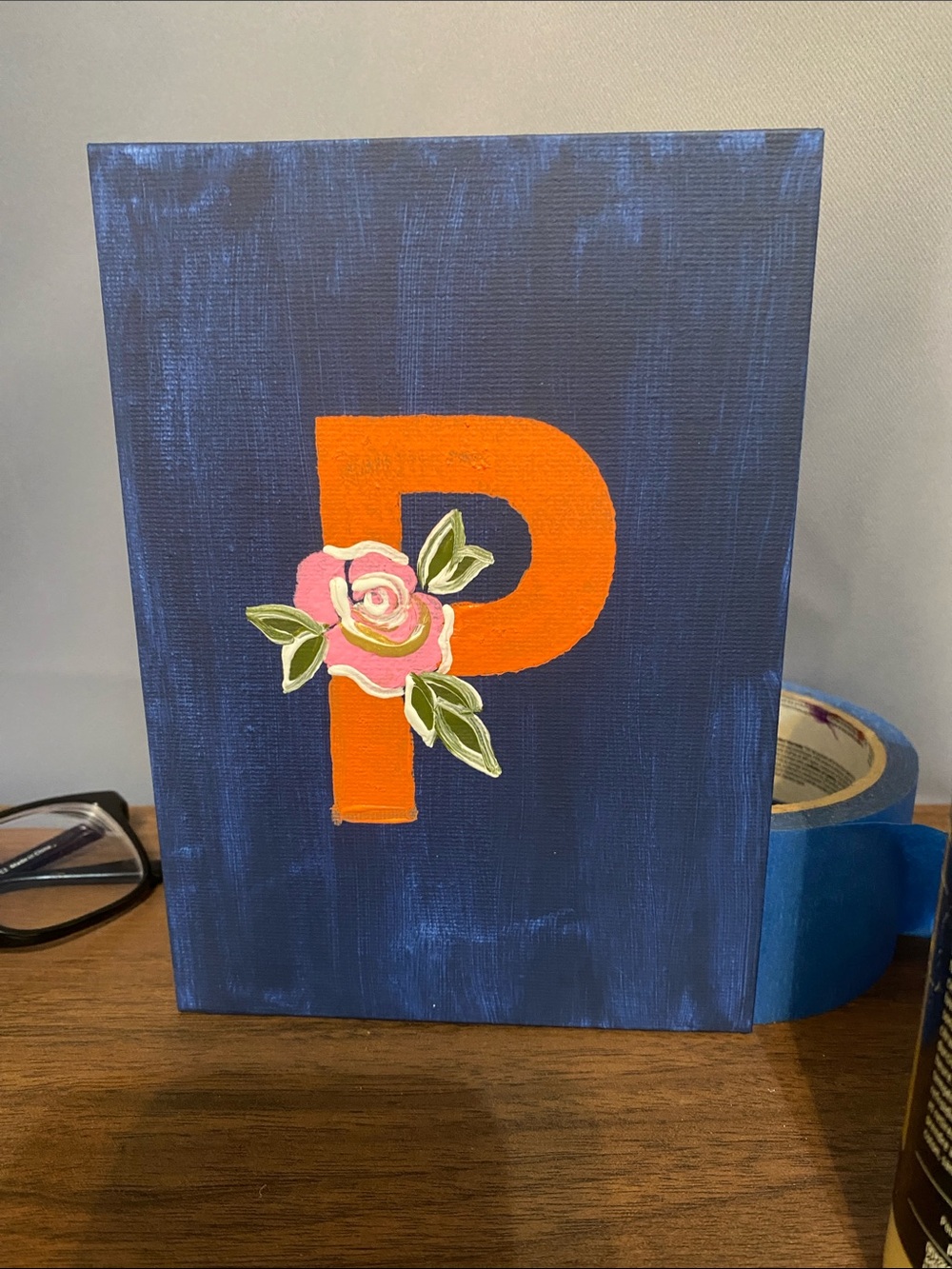 Hand-Painted Navy Canvas Initial 'P' with Floral Accent 5x7
